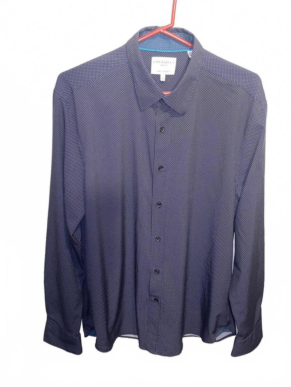 CON.STRUCT Slim Fit Mens Dress Shirt Large Navy Blue polka dot 4-way stretch